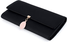 Charger l'image dans la galerie, RRANCharltu Portefeuille Femme Longue Porte-Cartes Porte-Monnaie à glissière avec Feuille Pendentif en PU Cuir, 10 Emplacements Cartes pour Cadeau de Noël Saint-Valentin (Noir)