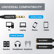 Charger l'image dans la galerie, SUCESO Splitter Audio Jack Double Jack 3.5mm Mâle vers 2 Femelle Câble Audio Splitter Stéréo Compatible pour Casques Audio, Enceintes, Smartphones,Tablettes,Lecteurs,PS4,MP3,Phone, Samsung- 35cm(Noir)