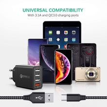 Charger l'image dans la galerie, JOOMFEEN Quick Charge 3.0 Chargeur mobile mural USB avec câble Type C 30 W 4 ports avec secteur USB Charge rapide pour Samsung Galaxy S10E/S9/S8/Note8, Huawei P20, Xiaomi(Noir)