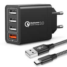 Charger l'image dans la galerie, JOOMFEEN Quick Charge 3.0 Chargeur mobile mural USB avec câble Type C 30 W 4 ports avec secteur USB Charge rapide pour Samsung Galaxy S10E/S9/S8/Note8, Huawei P20, Xiaomi(Noir)