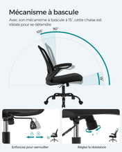 Charger l'image dans la galerie, SONGMICS Chaise Bureau Ergonomique en Toile, Fauteuil, Support Lombaire Rembourré, Mécanisme à Bascule, Assise Large de 53 cm, Accoudoirs Rabattables, Noir OBN37BK