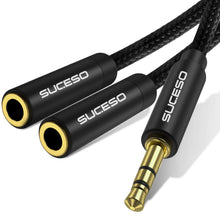 Charger l'image dans la galerie, SUCESO Splitter Audio Jack Double Jack 3.5mm Mâle vers 2 Femelle Câble Audio Splitter Stéréo Compatible pour Casques Audio, Enceintes, Smartphones,Tablettes,Lecteurs,PS4,MP3,Phone, Samsung- 35cm(Noir)