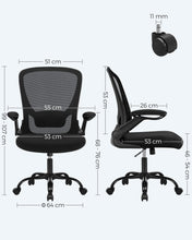 Charger l'image dans la galerie, SONGMICS Chaise Bureau Ergonomique en Toile, Fauteuil, Support Lombaire Rembourré, Mécanisme à Bascule, Assise Large de 53 cm, Accoudoirs Rabattables, Noir OBN37BK