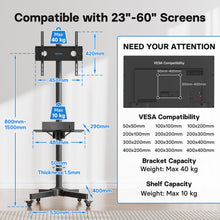 Charger l'image dans la galerie, BONTEC Support TV roulettes Chariot Meuble TV pour Ecran de 23-60 Pouces Plasma/LCD/LED, Capacité 40kg, Hauteur Réglable de 800-1500 mm avec Plateau Solide - VESA Max 400x400 mm
