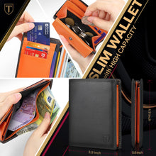 Charger l'image dans la galerie, TEEHON Portefeuille Homme en Cuir Véritable Porte-Monnaie avec Blocage RFID/NFC 13 Porte Carte Crédit, 2 Compartiment à Billets, Grande Poche à Monnaie, Classique Porte Feuille Noir Orange