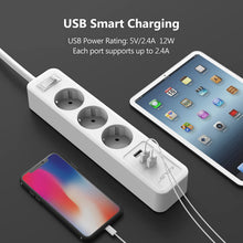 Charger l'image dans la galerie, JSVER Multiprise USB,Bloc Multiprise 3 Prises avec 3 Ports USB Chargeur (5V 2,4A/12W) Prise Multi 3680W 16A avec Interrupteur Cable 2m pour Maison, Bureau-Blanc

