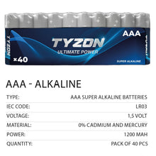Charger l'image dans la galerie, Tyzon® Piles Alcalines AAA 1,5 V, Pack de 40 – Durables &amp; Haute Performance, Idéales pour Appareils Ménagers et Électroniques
