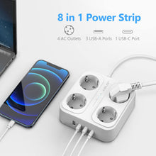 Charger l'image dans la galerie, JSVER Multiprise 3M, Parasurtenseurs 4 Prises et 4 Ports USB (3680W/16A), Bloc Multiprise avec 3 Ports USB A+1 Ports USB C avec Interrupteurs, Protection Contre Les Surcharges-Blanc
