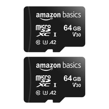 Charger l'image dans la galerie, Amazon Basics - Carte Mémoire MicroSDXC, avec Adaptateur SD, A2, U3, vitesse de lecture maximale de 100 Mb/s, 64 GB (lot de 2), Noir
