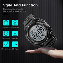 Charger l'image dans la galerie, kieyeeno Montre Homme Digitale Sport Militaire,50M Multifonction Étanche LED Lumière Alarme Calendrier Alarme Calendrier Chronomètre 12/24H Noir
