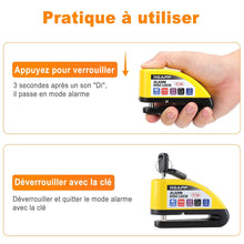 Charger l'image dans la galerie, REAPP Bloque Disque Moto Alarme 110db Antivol Moto, Bloc Disque de Haute Sécurité avec 1.5m Câble Rappel, 6 Piles de Rechange et Sac pour Cadenas, Bloc Disque Alarme pour Moto Velo Vespa Moped
