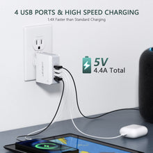 Charger l'image dans la galerie, LENCENT Chargeur USB Multiple, 4 Ports USB Secteur Internationale, 5V/4.4A Adaptateur Prise Anglaise/Europe/Americaine/Australie avec Technologie Smart IC pour Téléphones Portables Tablettes PC
