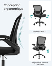Charger l'image dans la galerie, SONGMICS Chaise Bureau Ergonomique en Toile, Fauteuil, Support Lombaire Rembourré, Mécanisme à Bascule, Assise Large de 53 cm, Accoudoirs Rabattables, Noir OBN37BK
