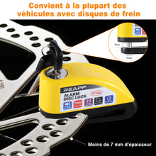 Charger l'image dans la galerie, REAPP Bloque Disque Moto Alarme 110db Antivol Moto, Bloc Disque de Haute Sécurité avec 1.5m Câble Rappel, 6 Piles de Rechange et Sac pour Cadenas, Bloc Disque Alarme pour Moto Velo Vespa Moped
