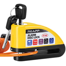Charger l'image dans la galerie, REAPP Bloque Disque Moto Alarme 110db Antivol Moto, Bloc Disque de Haute Sécurité avec 1.5m Câble Rappel, 6 Piles de Rechange et Sac pour Cadenas, Bloc Disque Alarme pour Moto Velo Vespa Moped
