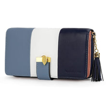 Charger l'image dans la galerie, Pomelo Best Portefeuille Femme Cuir Porte Monnaie Porte-chéquiers Porte-Cartes pour 12 Cartes, Bleu Foncé/Blanc
