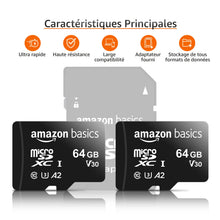 Charger l'image dans la galerie, Amazon Basics - Carte Mémoire MicroSDXC, avec Adaptateur SD, A2, U3, vitesse de lecture maximale de 100 Mb/s, 64 GB (lot de 2), Noir
