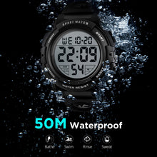 Charger l'image dans la galerie, kieyeeno Montre Homme Digitale Sport Militaire,50M Multifonction Étanche LED Lumière Alarme Calendrier Alarme Calendrier Chronomètre 12/24H Noir
