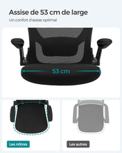 Charger l'image dans la galerie, SONGMICS Chaise Bureau Ergonomique en Toile, Fauteuil, Support Lombaire Rembourré, Mécanisme à Bascule, Assise Large de 53 cm, Accoudoirs Rabattables, Noir OBN37BK
