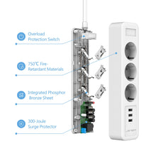 Charger l'image dans la galerie, JSVER Multiprise USB,Bloc Multiprise 3 Prises avec 3 Ports USB Chargeur (5V 2,4A/12W) Prise Multi 3680W 16A avec Interrupteur Cable 2m pour Maison, Bureau-Blanc
